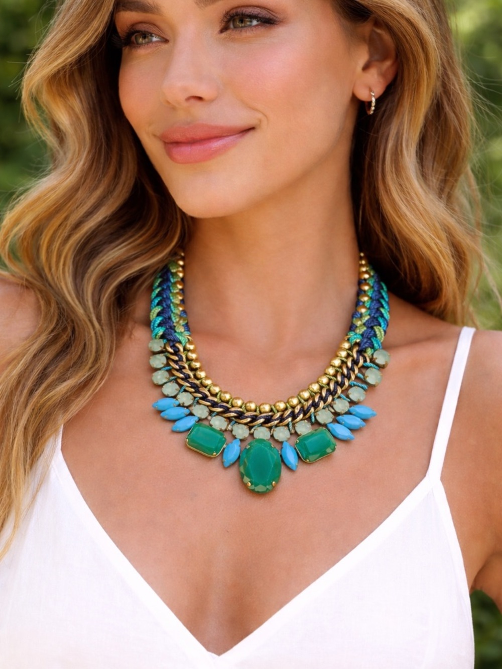 Turquoise & Gold Multi Row Statement Necklace Boho Chunky Bib Festival Jewelry